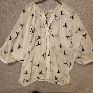 Francesca's Boho Bird Print Sheer Blouse Small